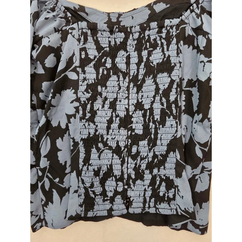 Abercrombie & Fitch Floral Puff Sleeve Top S Blue Black Smocked Cottagecore NWT
